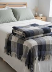 Льняной плед в сине-серую клетку 260х210