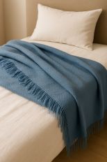 Синий плед 100% Лён с рисунком "Ёлочка" 260х230